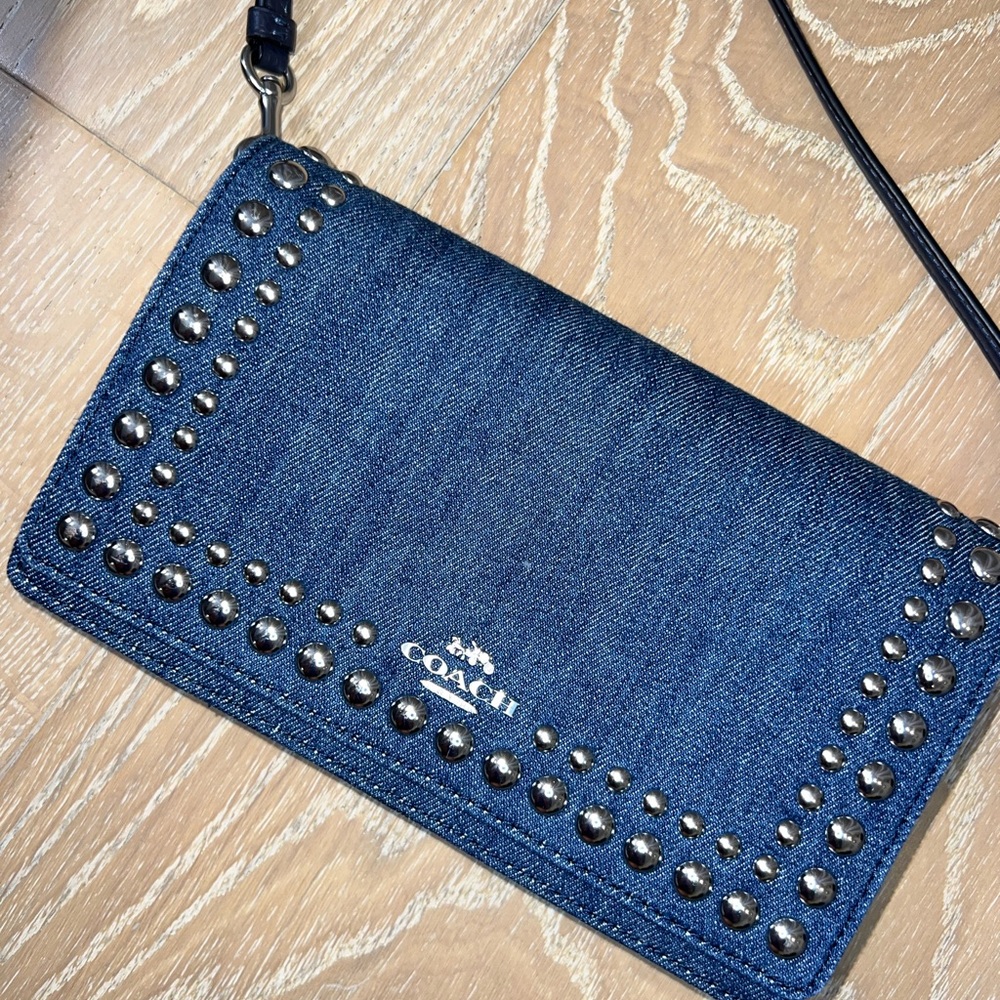 Coach Denim Anna Foldover Studded Clutch Crossbody bag